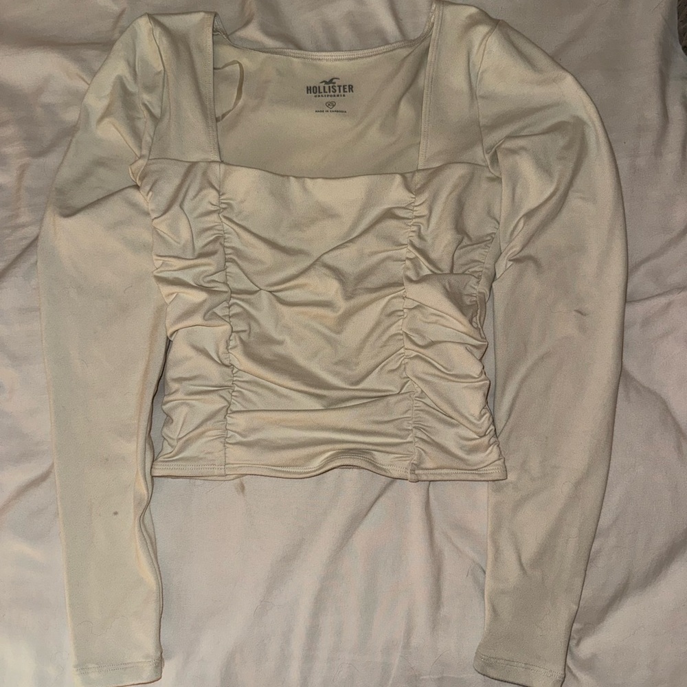 Hollister Cream Ruched Square-Neck Long Sleeve Top
